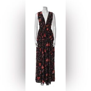 Ulla Johnson Oriana Floral Red and Black Plunge Maxi Gown